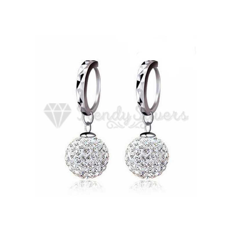 925 Sterling Silver Plated Full Rhinestone Round Fashion Princess Ball Earrings
