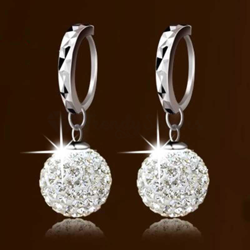 925 Sterling Silver Plated Full Rhinestone Round Fashion Princess Ball Earrings
