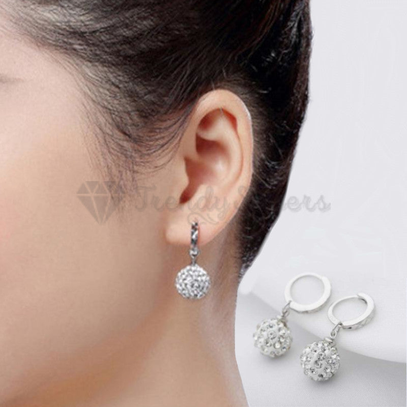 925 Sterling Silver Plated Full Rhinestone Round Fashion Princess Ball Earrings