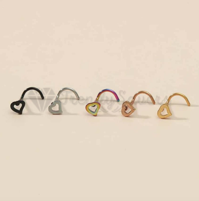 5Pcs Stainless Steel Heart Piercing Nose Ring Nose Stud Rings Body Jewelry With Gift BAG