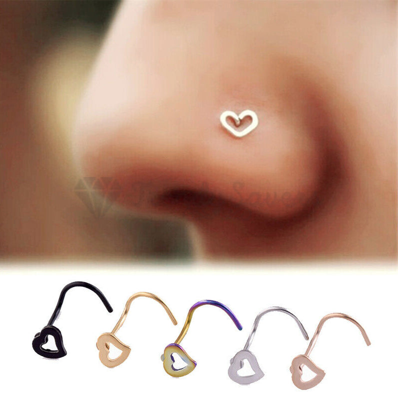 5Pcs Stainless Steel Heart Piercing Nose Ring Nose Stud Rings Body Jewelry With Gift BAG