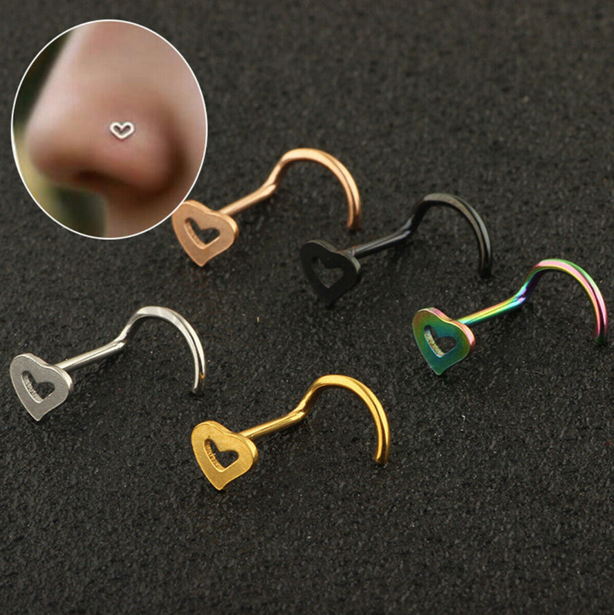 5Pcs Stainless Steel Heart Piercing Nose Ring Nose Stud Rings Body Jewelry With Gift BAG
