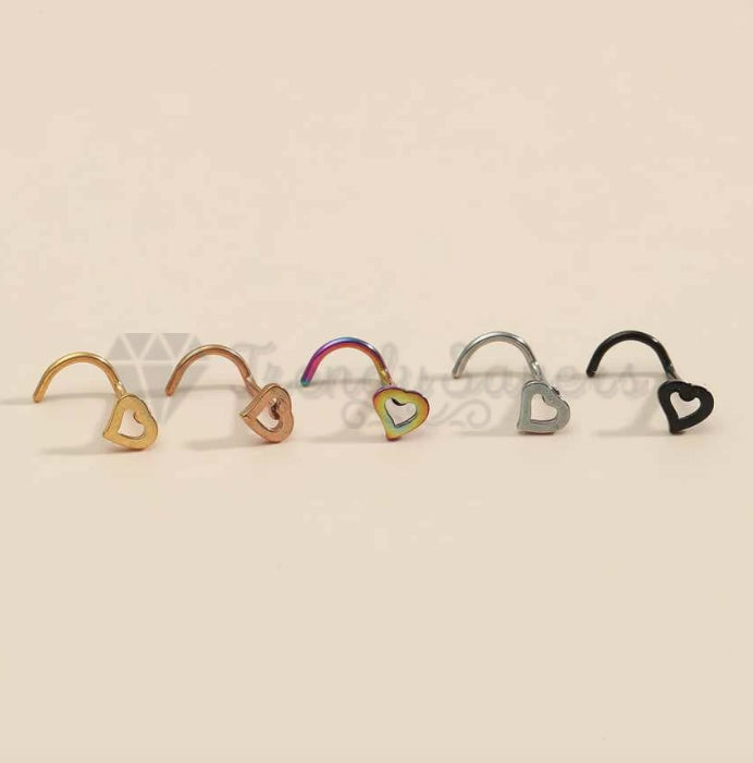 5Pcs Stainless Steel Heart Piercing Nose Ring Nose Stud Rings Body Jewelry With Gift BAG