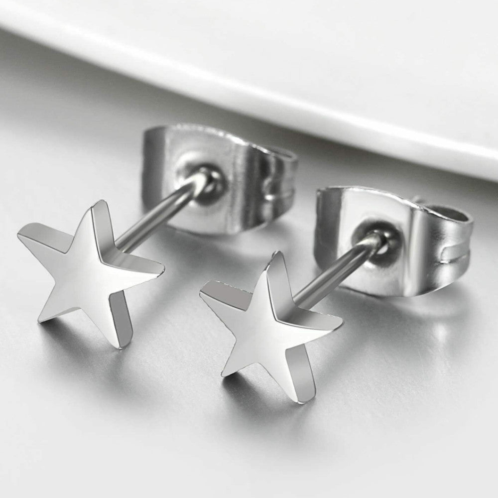 Hypoallergenic Stainless Steel Cute Charming Silver Star Celestial Shape Stud Earrings