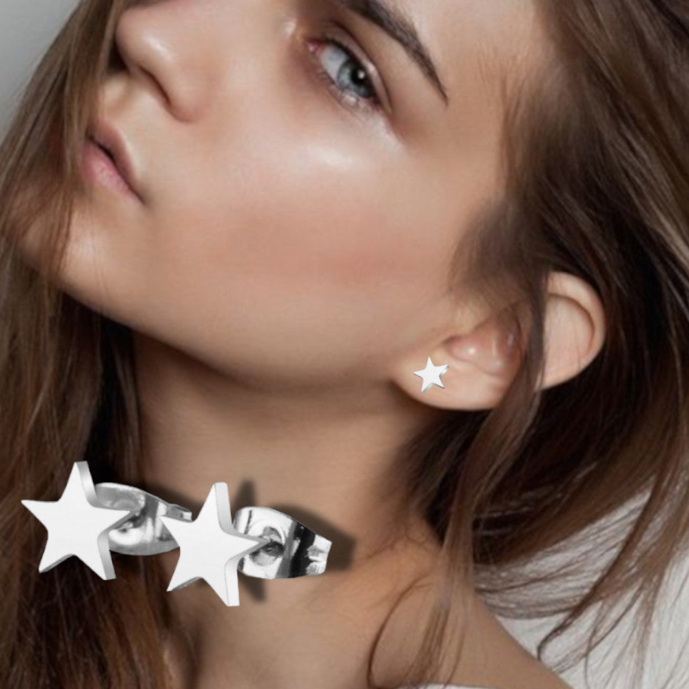 Hypoallergenic Stainless Steel Cute Charming Silver Star Celestial Shape Stud Earrings