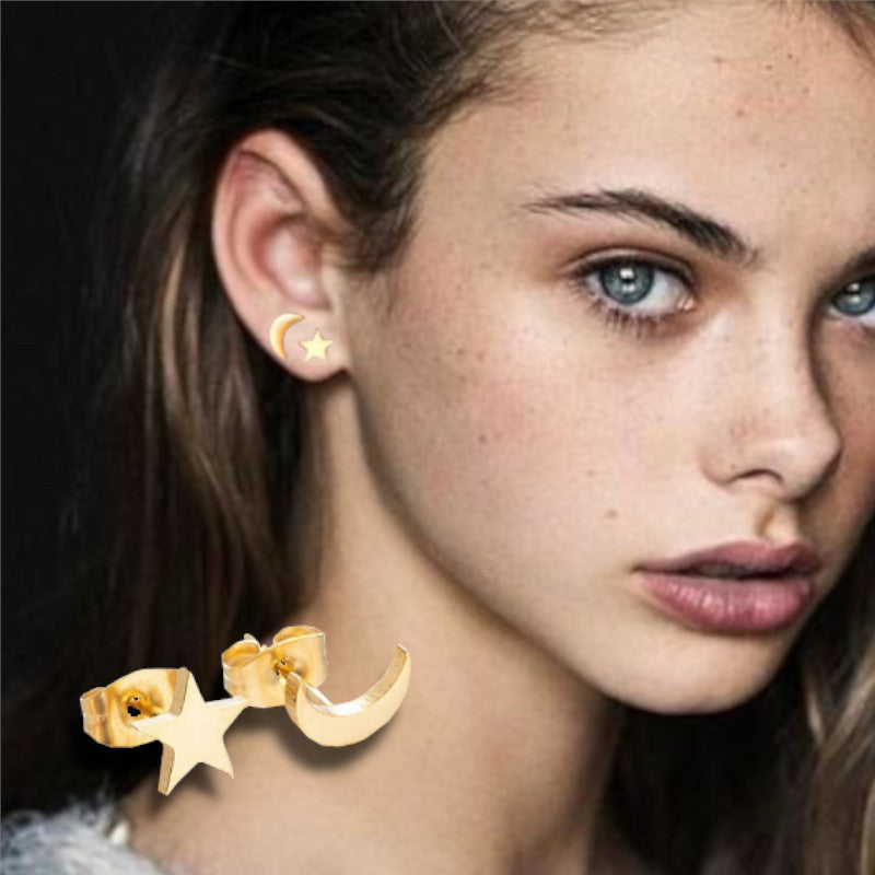 Hypoallergenic Stainless Steel Silver Cute Charming Moon Star Shapes Stud Earrings