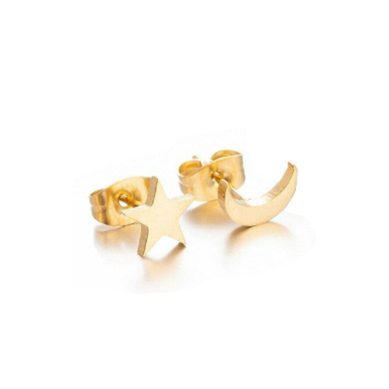 Hypoallergenic Stainless Steel Silver Cute Charming Moon Star Shapes Stud Earrings