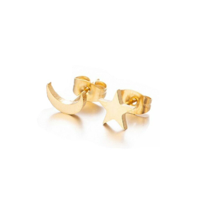 Hypoallergenic Stainless Steel Silver Cute Charming Moon Star Shapes Stud Earrings