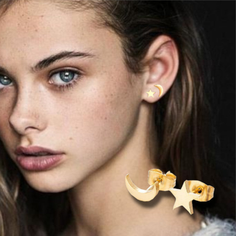 Hypoallergenic Stainless Steel Silver Cute Charming Moon Star Shapes Stud Earrings