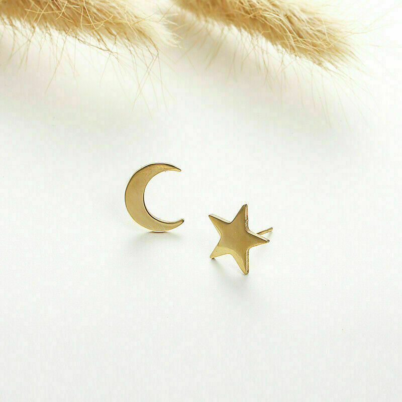 Hypoallergenic Stainless Steel Silver Cute Charming Moon Star Shapes Stud Earrings