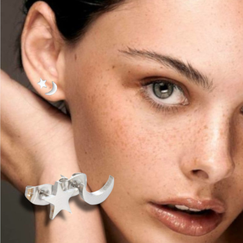 Hypoallergenic Stainless Steel Gold Cute Charming Moon Star Shapes Stud Earrings