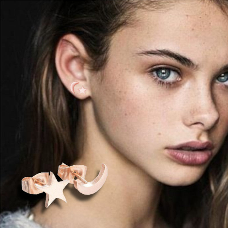 Hypoallergenic Stainless Steel Rose Gold Cute Charming Moon Star Shapes Stud Earrings