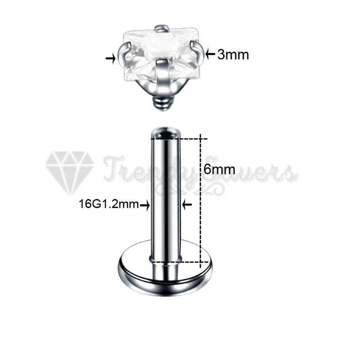 3MM Pair Silver Square Labret Bone Stud Bar Nose Lip Ear Hypoallergenic Piercing