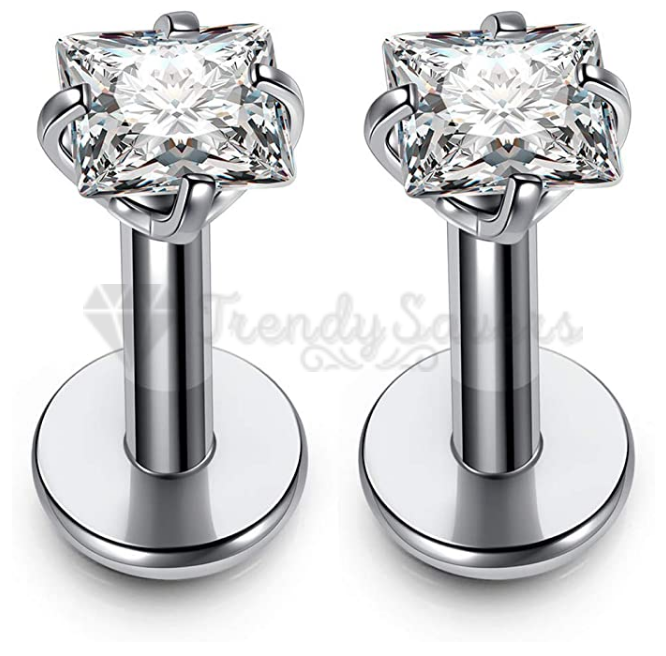 2MM Silver Square Cubic Zircon Lip Ear Labret Stud Helix Cartilage Piercing Pair