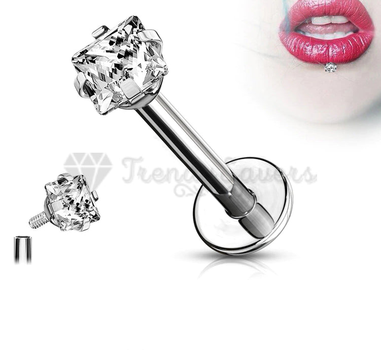 2MM Silver Square Cubic Zircon Lip Ear Labret Stud Helix Cartilage Piercing Pair