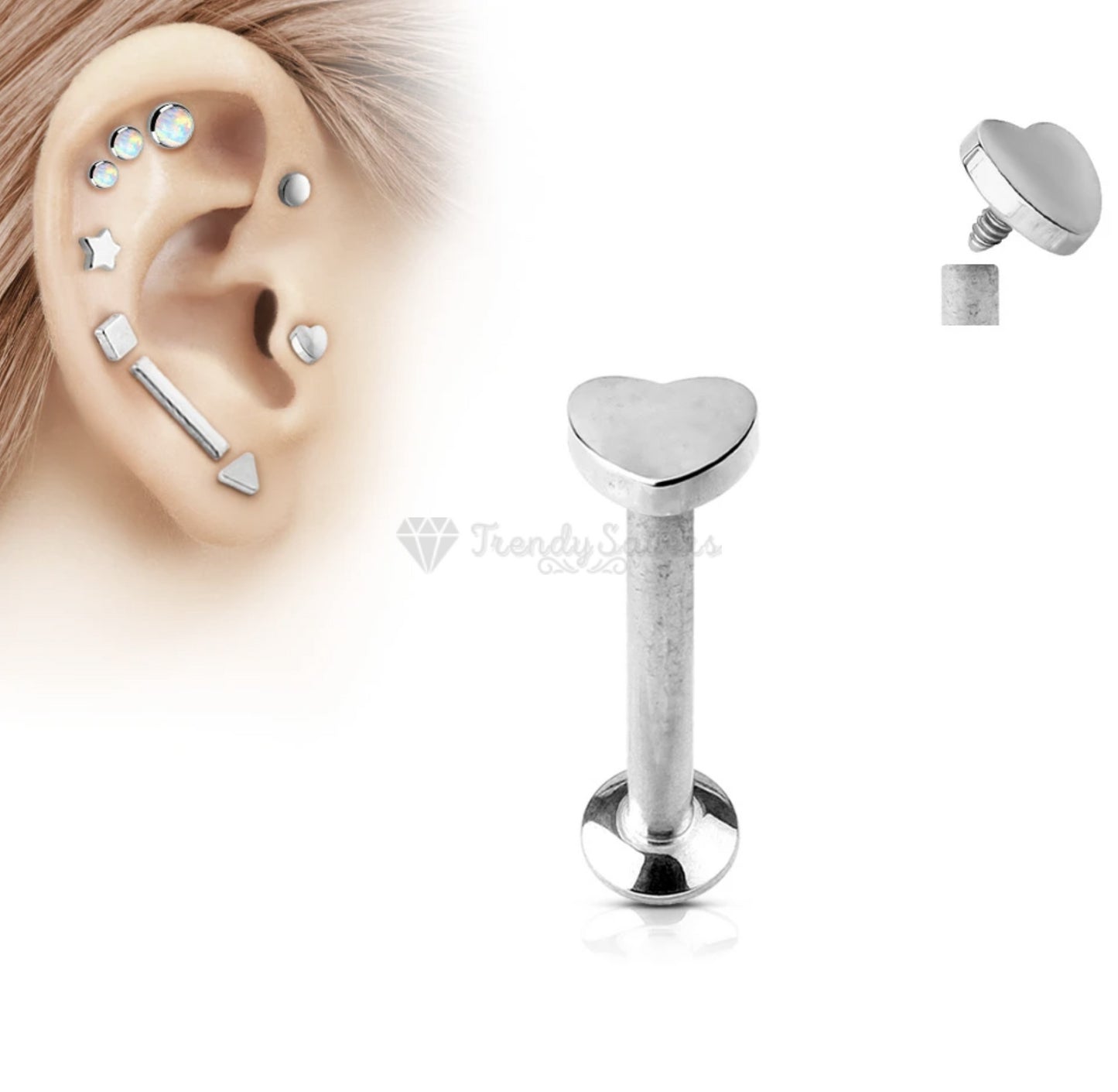 3MM Heart Shaped Silver Cartilage Labret Lip Nose Helix Stud Ring Jewelry Pair