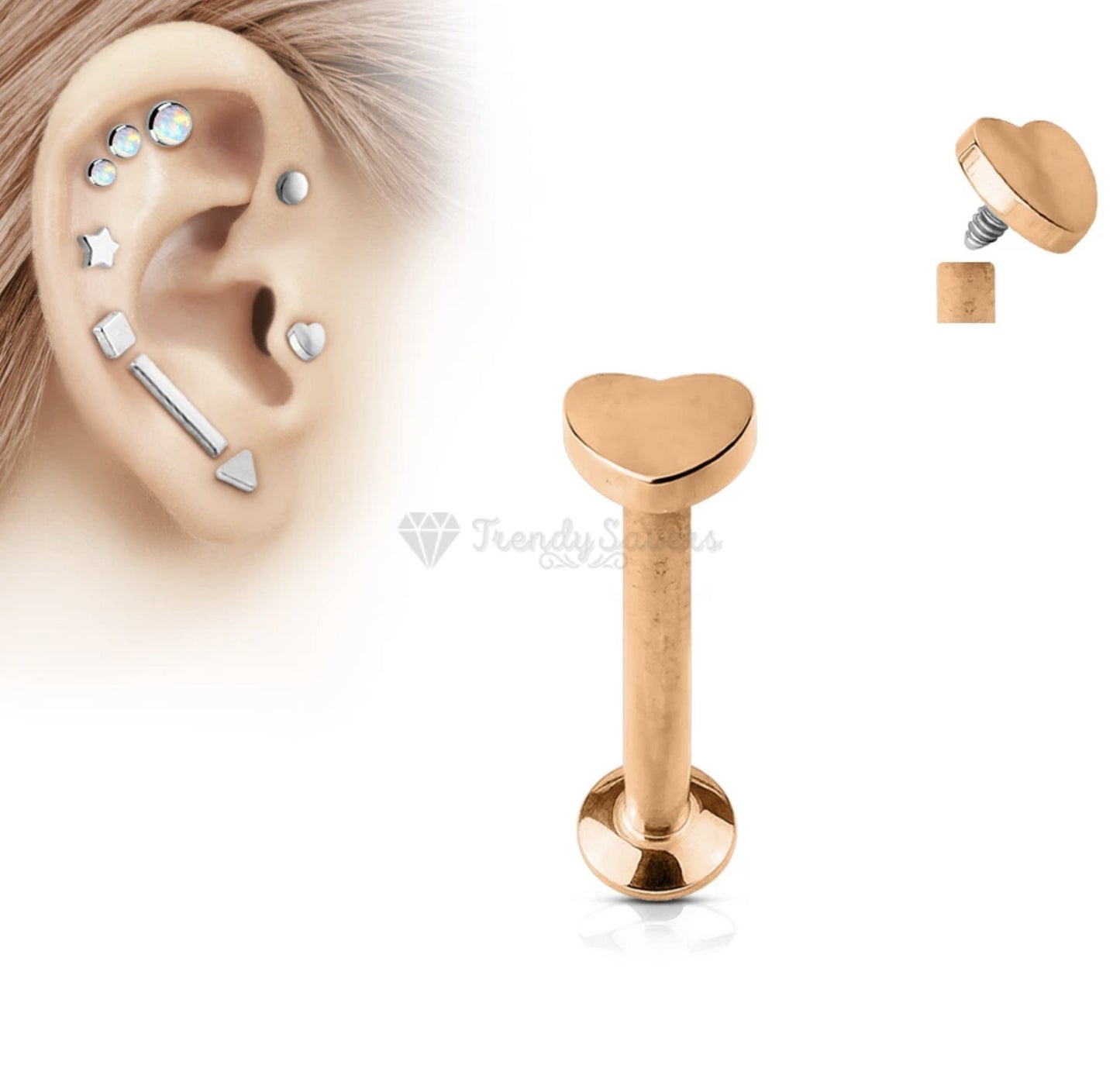 3MM Cute Rose Gold Heart Cartilage Nose Labret Stud Fashion Ring Piercings Pair