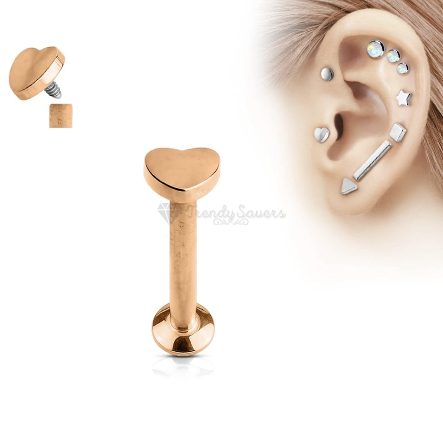 3MM Cute Rose Gold Heart Cartilage Nose Labret Stud Fashion Ring Piercings Pair
