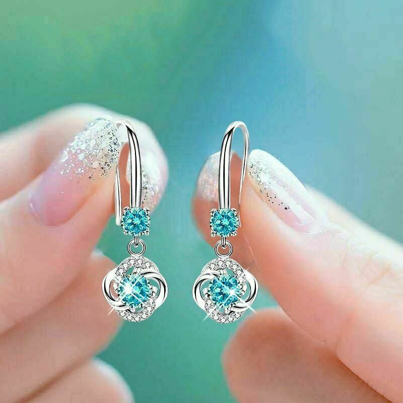 Modern Crystal Blue 925 Sterling Silver Boho Drop Dangle Earrings CZ for Women