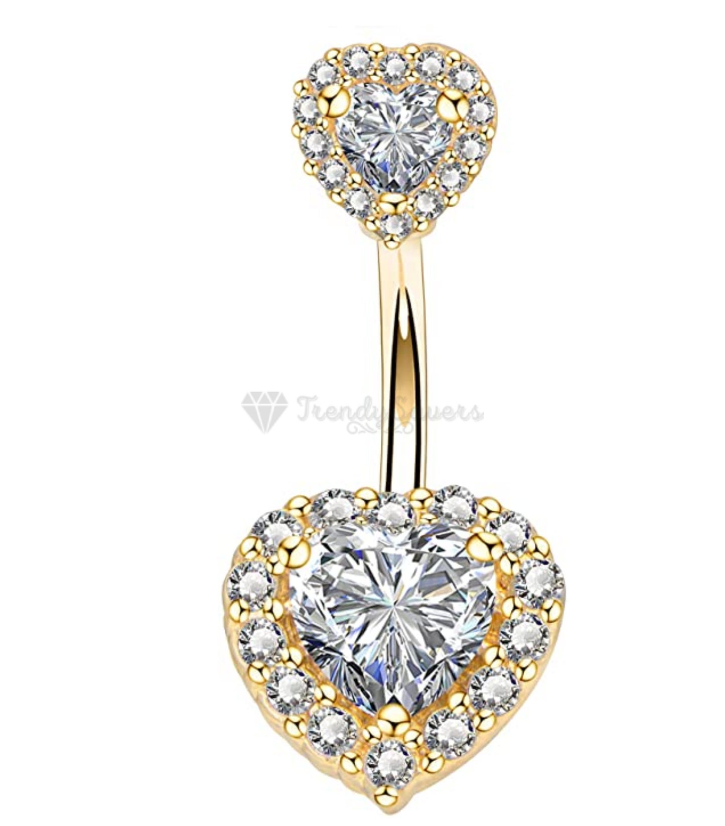 Hypoallergenic Gold Plated Two Heart Shaped Cubic Zircon Belly Button Stud Ring
