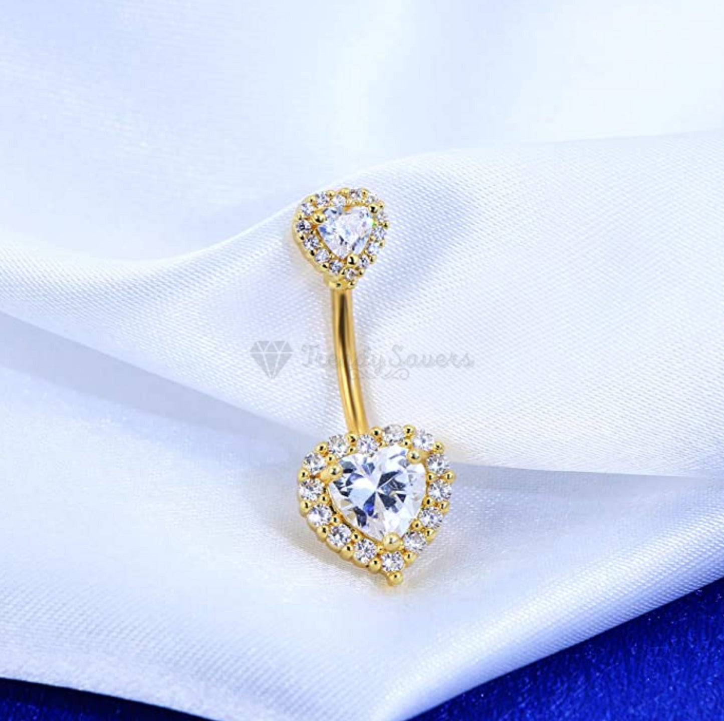 Hypoallergenic Gold Plated Two Heart Shaped Cubic Zircon Belly Button Stud Ring