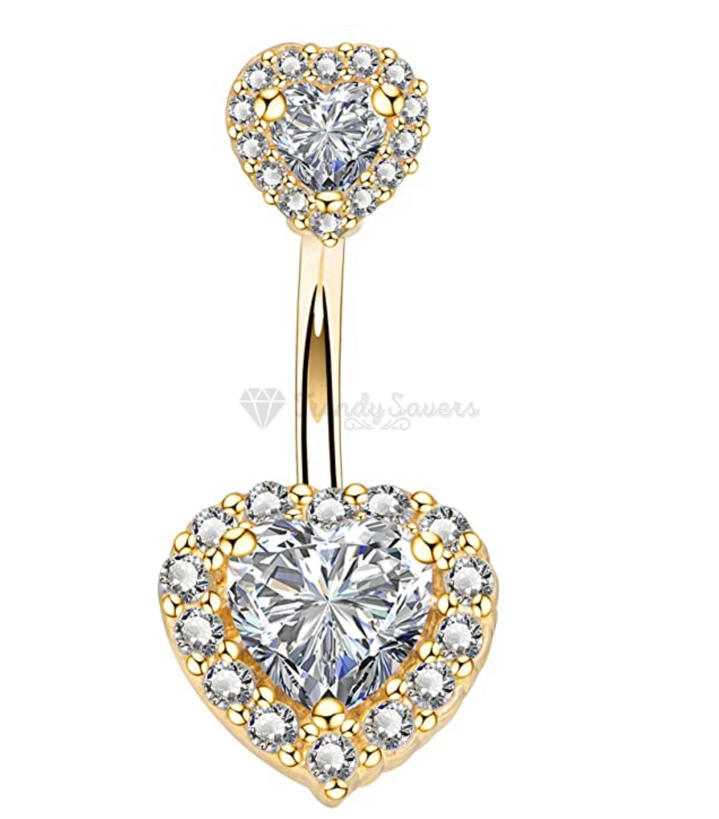 Hypoallergenic Gold Plated Two Heart Shaped Cubic Zircon Belly Button Stud Ring