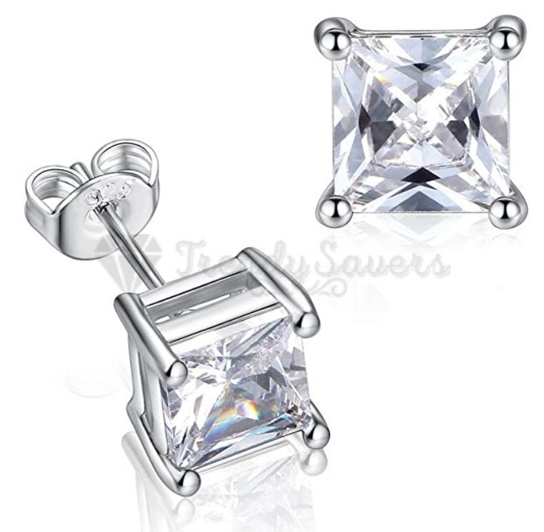 White Gold Plated 4MM Cubic Zirconia Square Shaped Cartilage Ear Studs Earrings