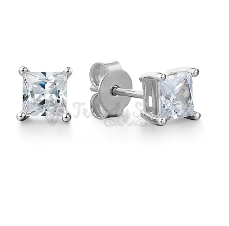 White Gold Plated 4MM Cubic Zirconia Square Shaped Cartilage Ear Studs Earrings