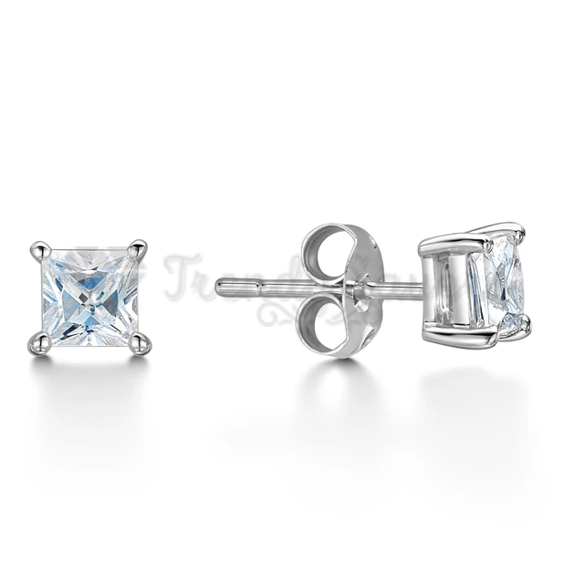 White Gold Plated 4MM Cubic Zirconia Square Shaped Cartilage Ear Studs Earrings