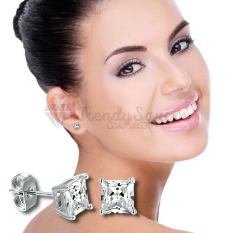 5MM Pair Solid White Gold Plated Cubic Zirconia Square Stud Earrings Jewellery