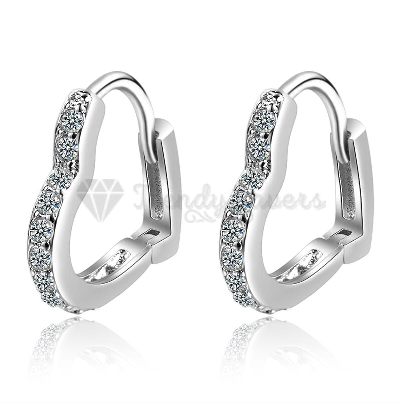 High Polished 925 Sterling Silver CZ Love Heart Shaped Loop Hoop Huggie Earrings