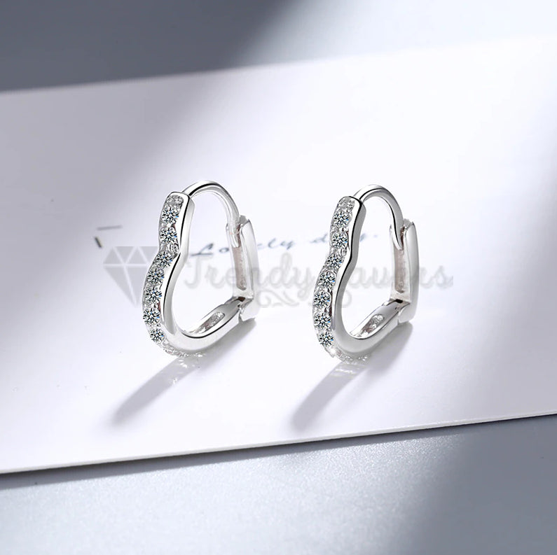 High Polished 925 Sterling Silver CZ Love Heart Shaped Loop Hoop Huggie Earrings