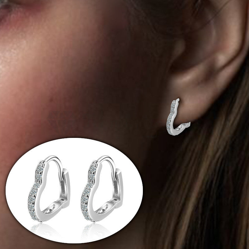 High Polished 925 Sterling Silver CZ Love Heart Shaped Loop Hoop Huggie Earrings