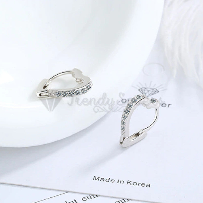 High Polished 925 Sterling Silver CZ Love Heart Shaped Loop Hoop Huggie Earrings