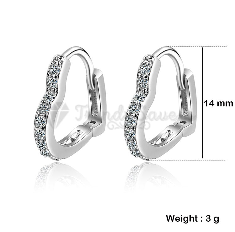 High Polished 925 Sterling Silver CZ Love Heart Shaped Loop Hoop Huggie Earrings