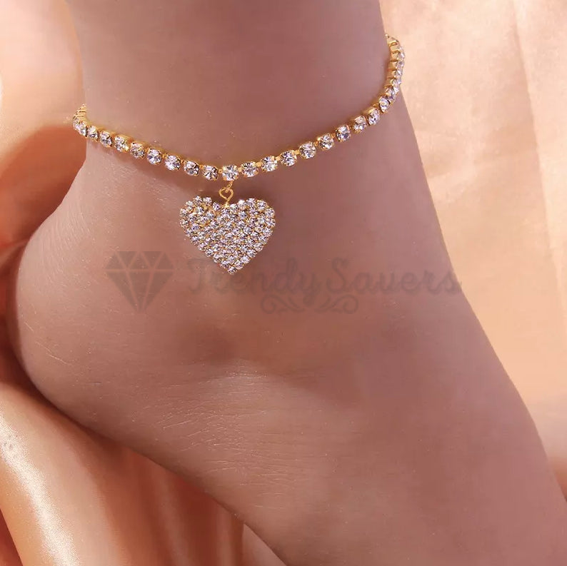 18ct Gold Plated 925 Sterling Silver Foot Bracelet Heart Pendant Anklet Jewelry