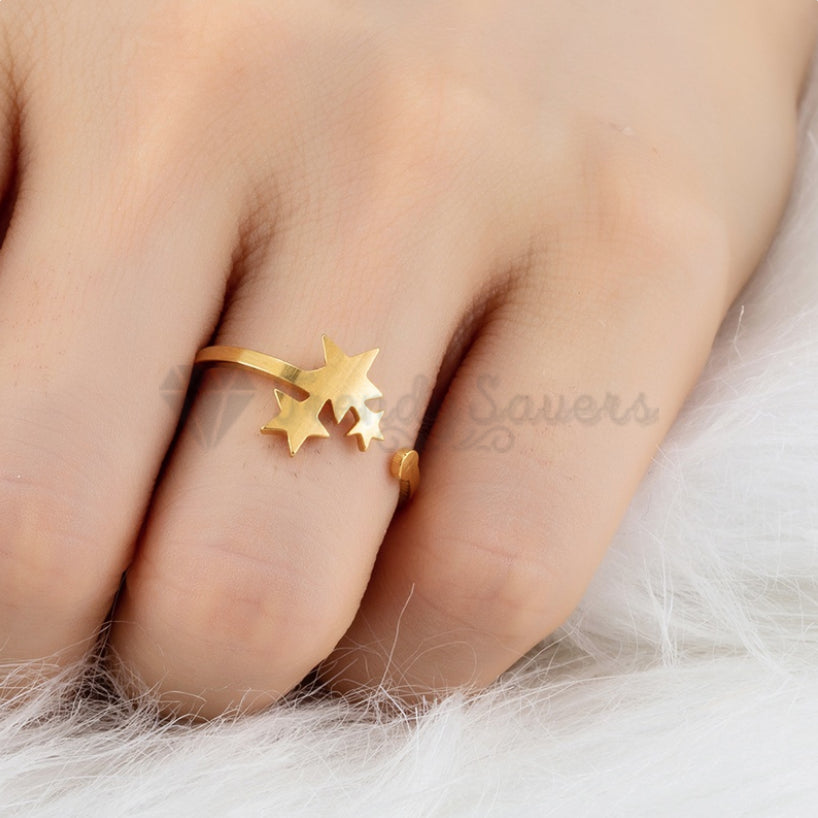 18K Gold Plated Stainless Steel Triple Star Adjustable Band Fashion Ring Jewelry