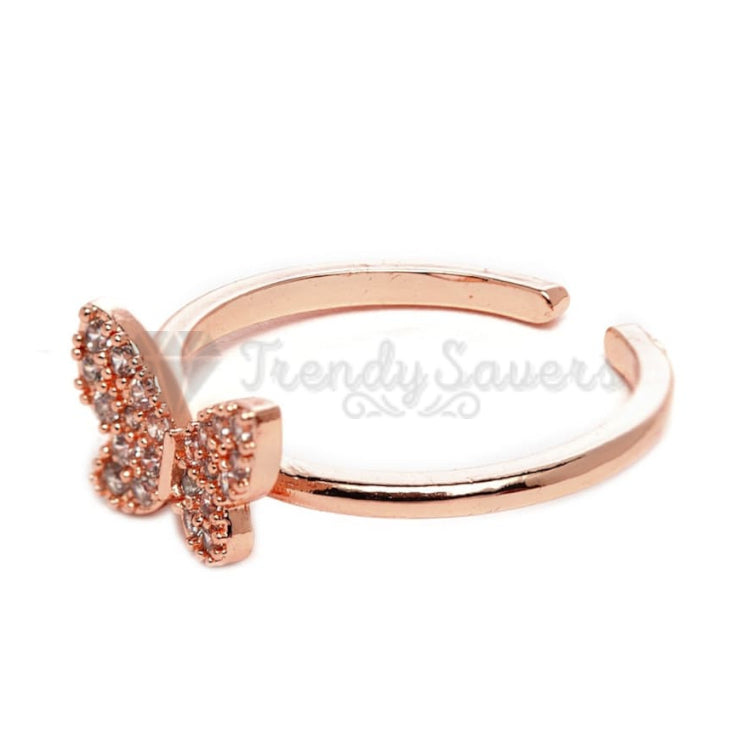 18K Rose Gold Plated Tiny CZ Crystal Butterfly Adjustable Open Band Promise Ring