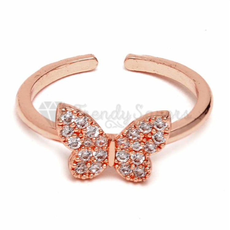 18K Rose Gold Plated Tiny CZ Crystal Butterfly Adjustable Open Band Promise Ring