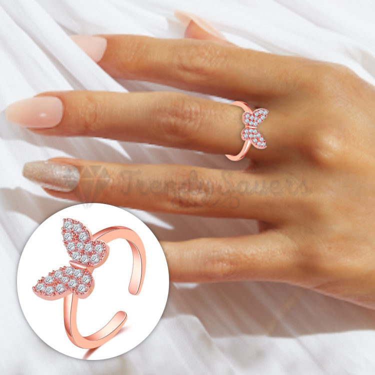 18K Rose Gold Plated Tiny CZ Crystal Butterfly Adjustable Open Band Promise Ring