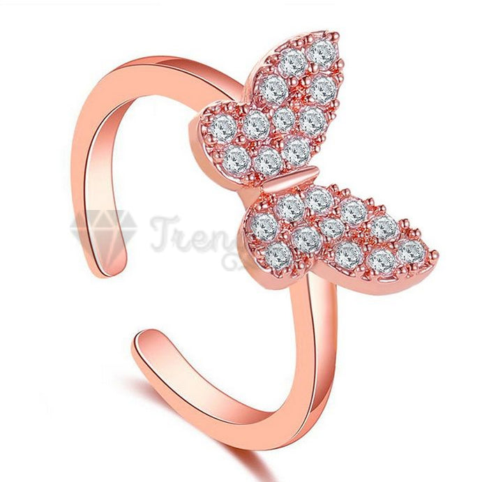 18K Rose Gold Plated Tiny CZ Crystal Butterfly Adjustable Open Band Promise Ring