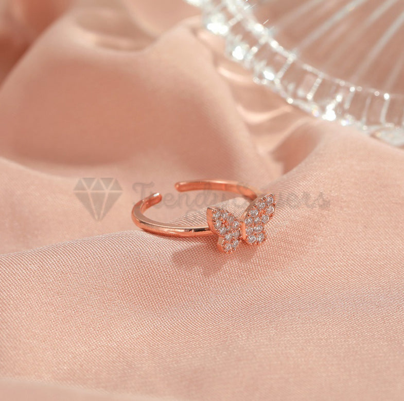 18K Rose Gold Plated Tiny CZ Crystal Butterfly Adjustable Open Band Promise Ring