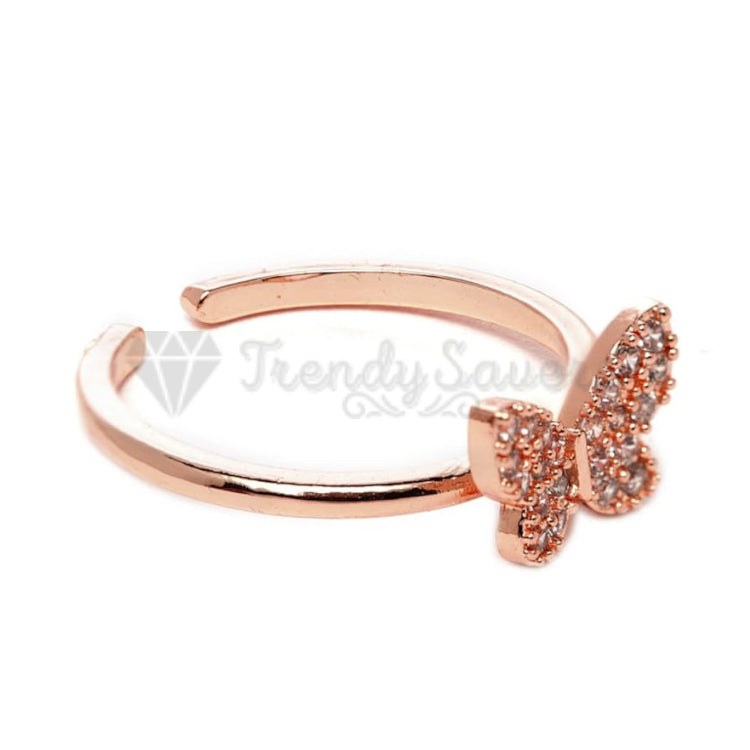 18K Rose Gold Plated Tiny CZ Crystal Butterfly Adjustable Open Band Promise Ring
