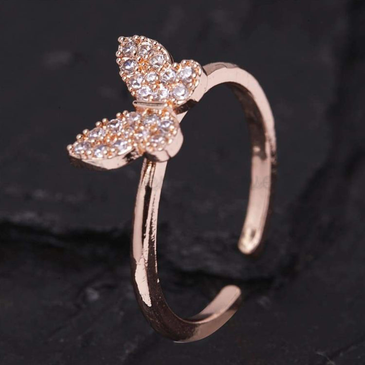 18K Rose Gold Plated Tiny CZ Crystal Butterfly Adjustable Open Band Promise Ring