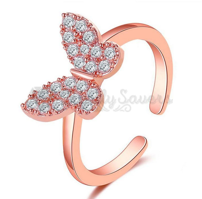 18K Rose Gold Plated Tiny CZ Crystal Butterfly Adjustable Open Band Promise Ring