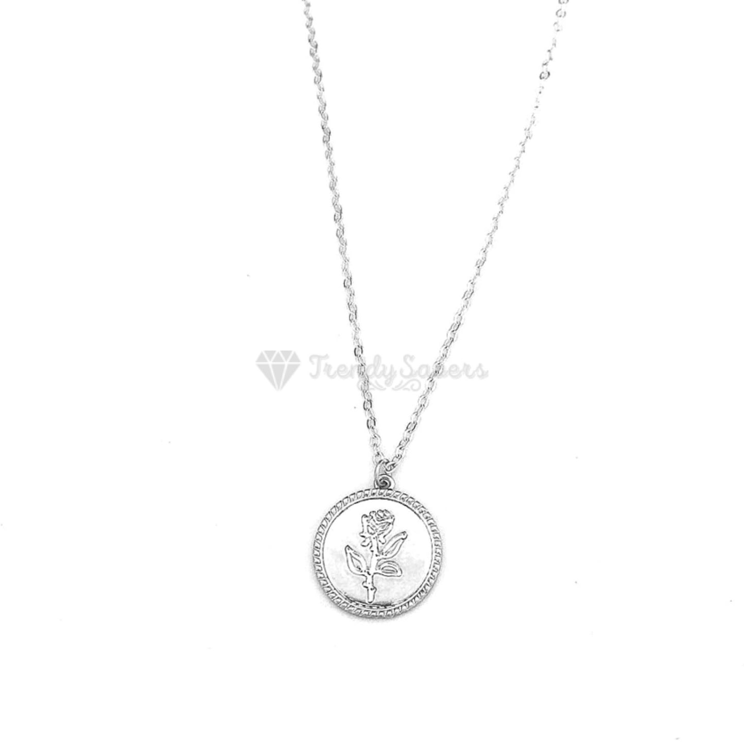 14ct White Gold Plated Flower Engraved Disc Round Coin Pendant Silver Necklace