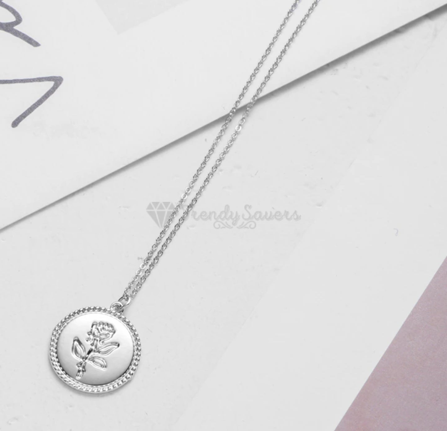 14ct White Gold Plated Flower Engraved Disc Round Coin Pendant Silver Necklace