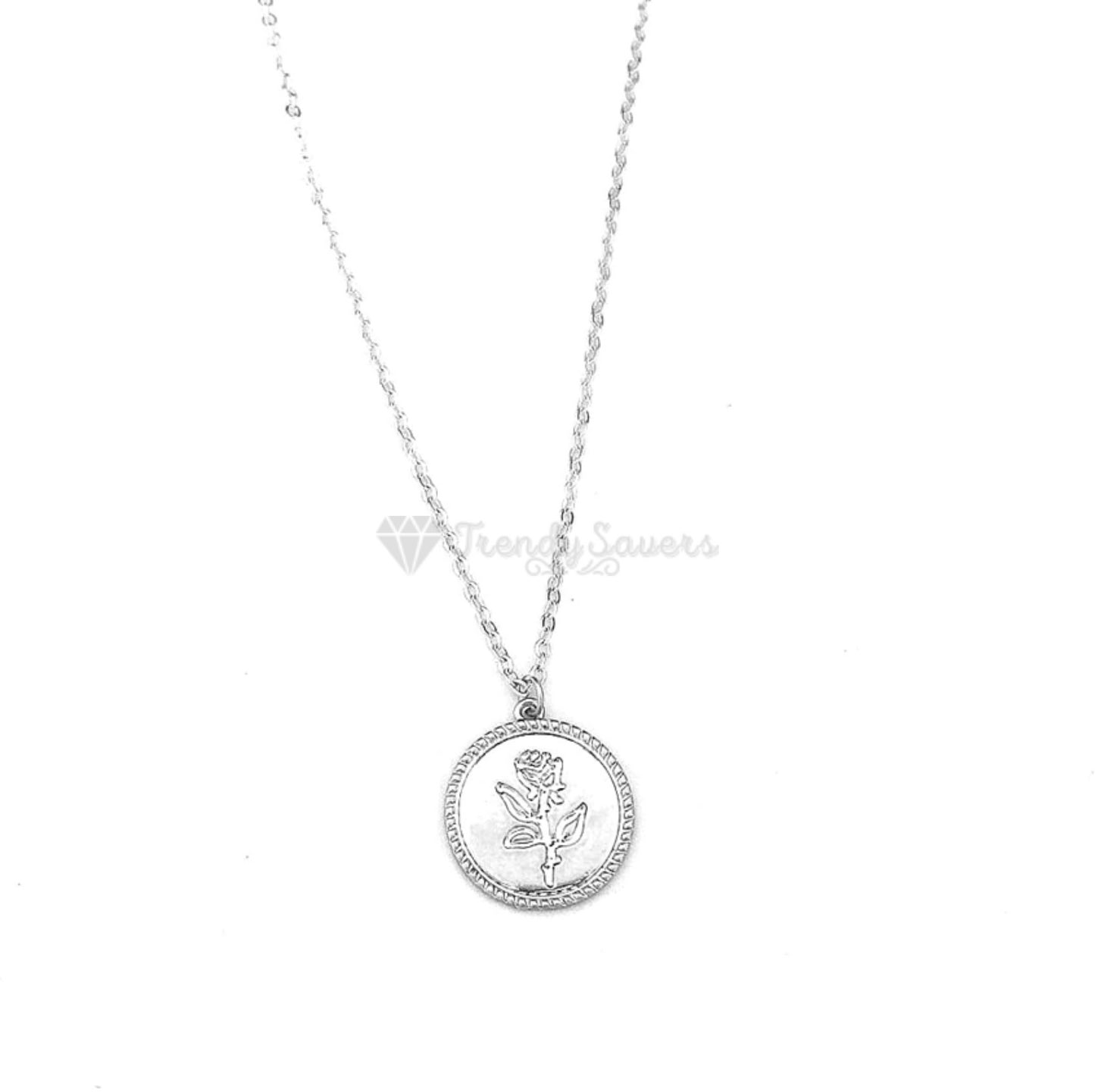 14ct White Gold Plated Flower Engraved Disc Round Coin Pendant Silver Necklace