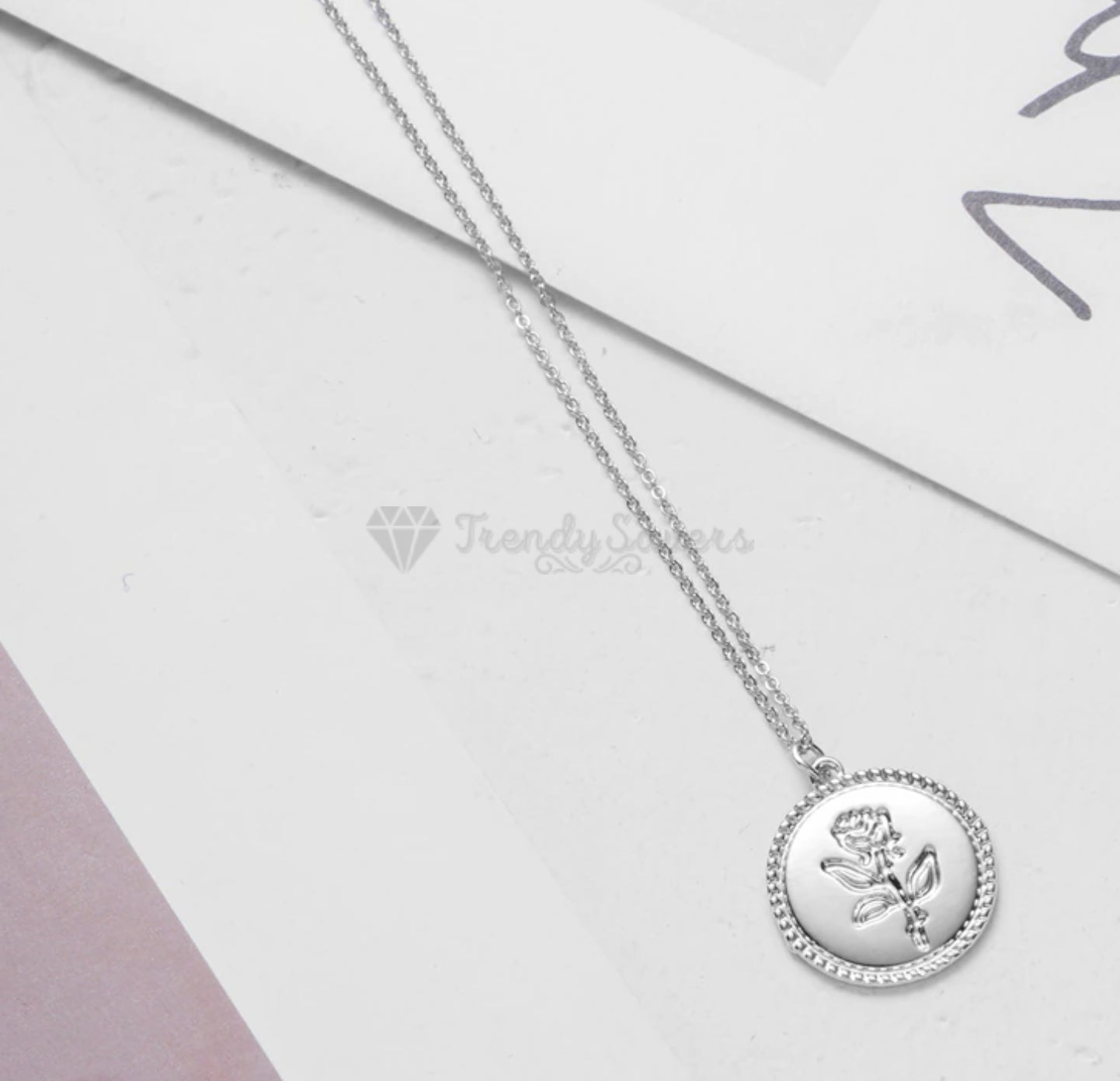 14ct White Gold Plated Flower Engraved Disc Round Coin Pendant Silver Necklace