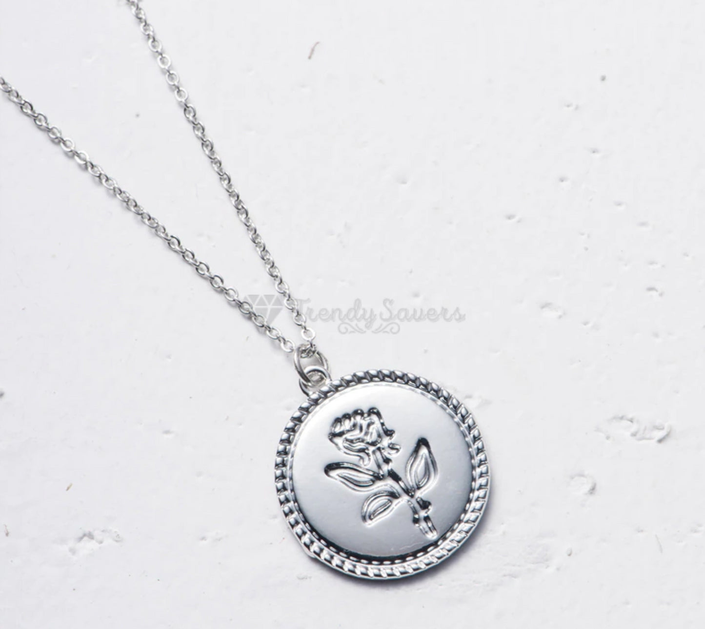 14ct White Gold Plated Flower Engraved Disc Round Coin Pendant Silver Necklace